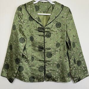 Green Asian Style Frog Closure Jacket Floral Medallion Large